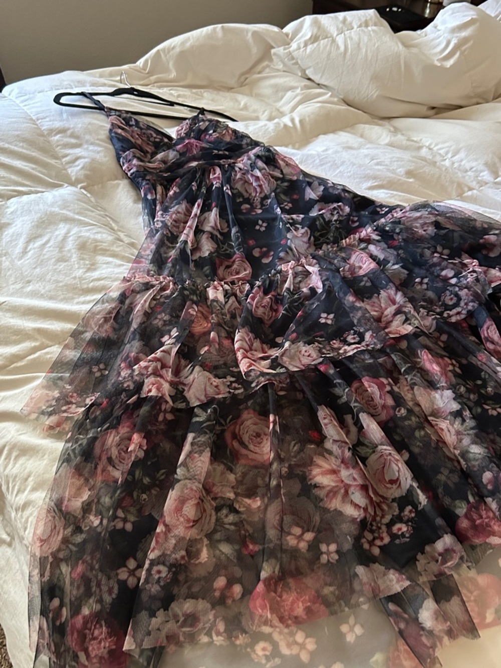 Lulu's Black Floral Tiered Mesh Maxi Dress with Pink Roses - Picture 13 of 15
